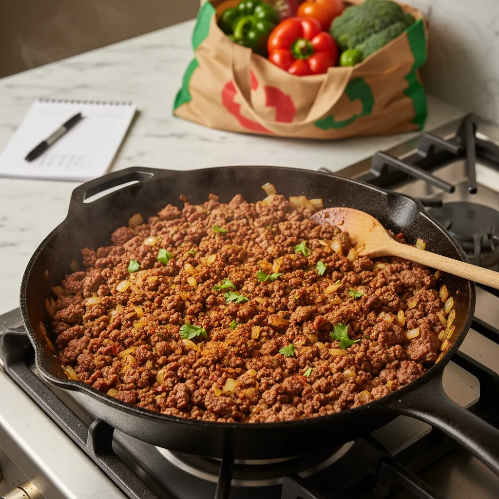 Skillet of browned ground beef with onions and herbs