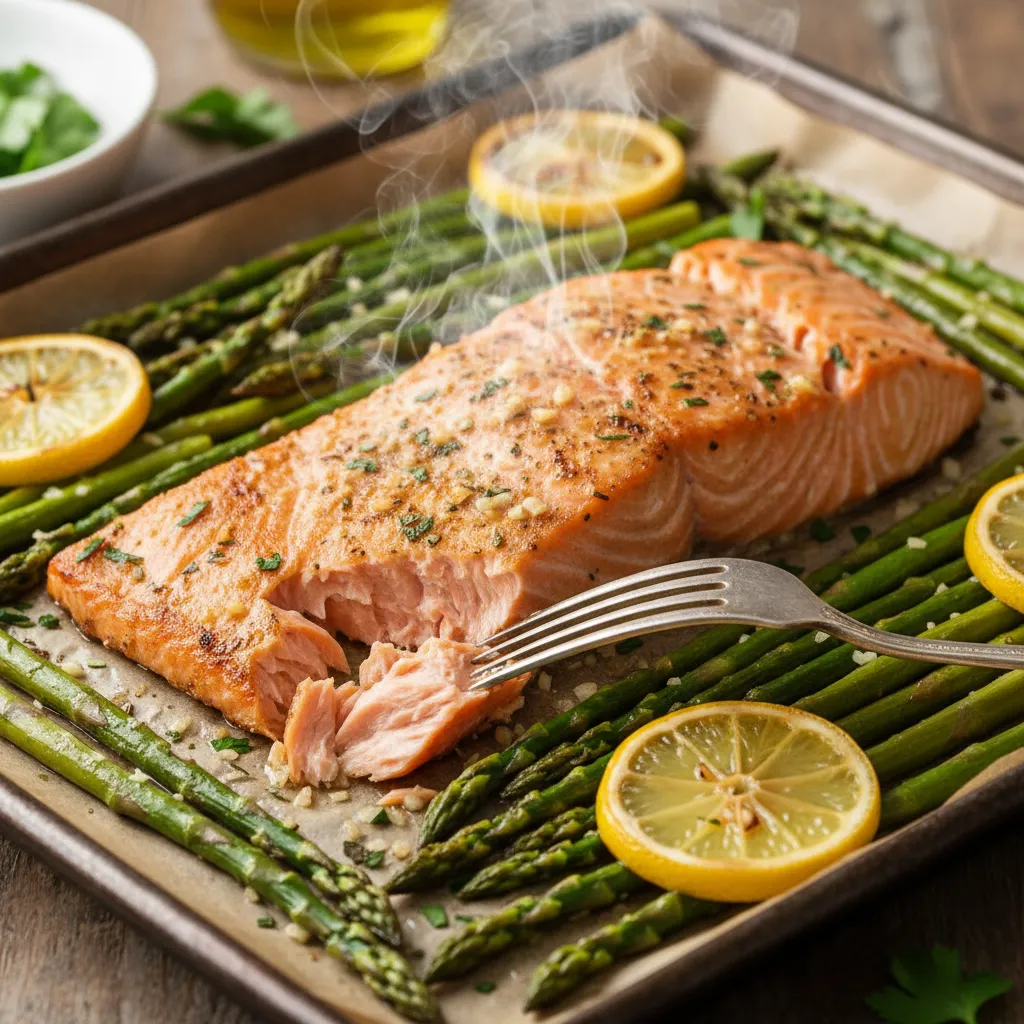 Close up of cooked salmon fillet and asparagus