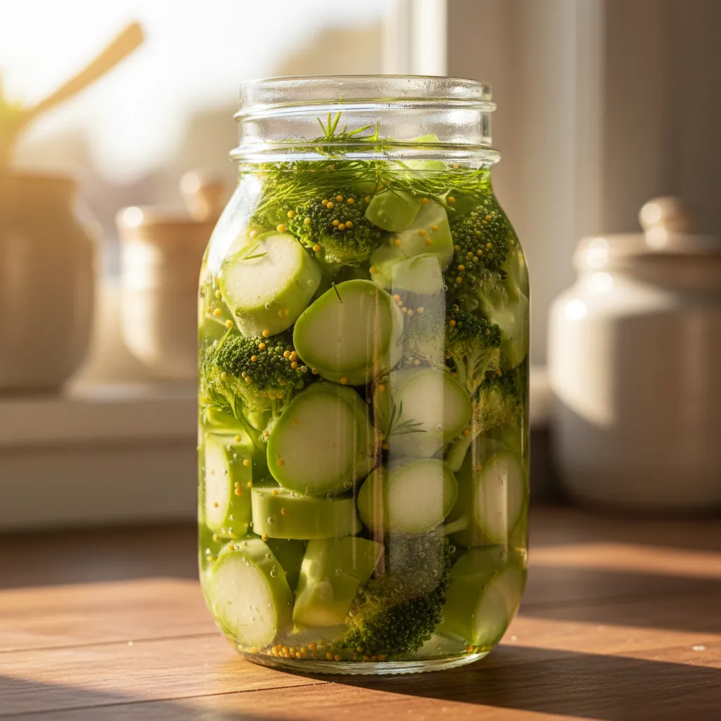 Glass mason jar filled with quick pickled broccoli stems and spices