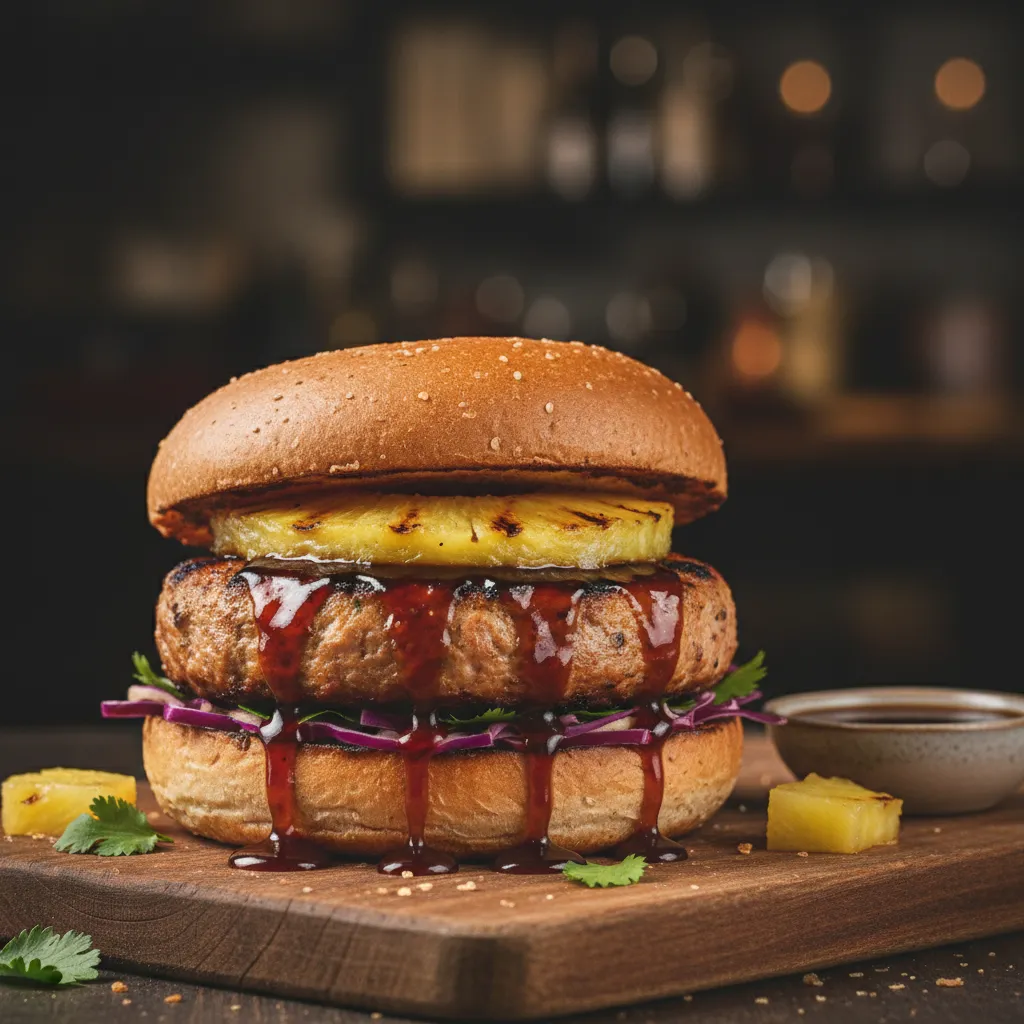 Tangy pineapple teriyaki ground chicken burger on a toasted brioche bun