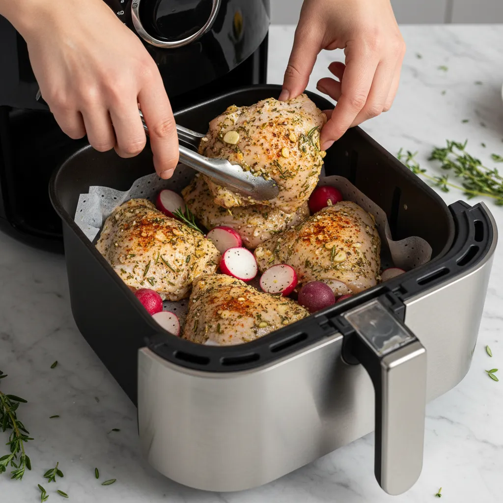 Seasoned chicken thighs being placed into an air fryer basket