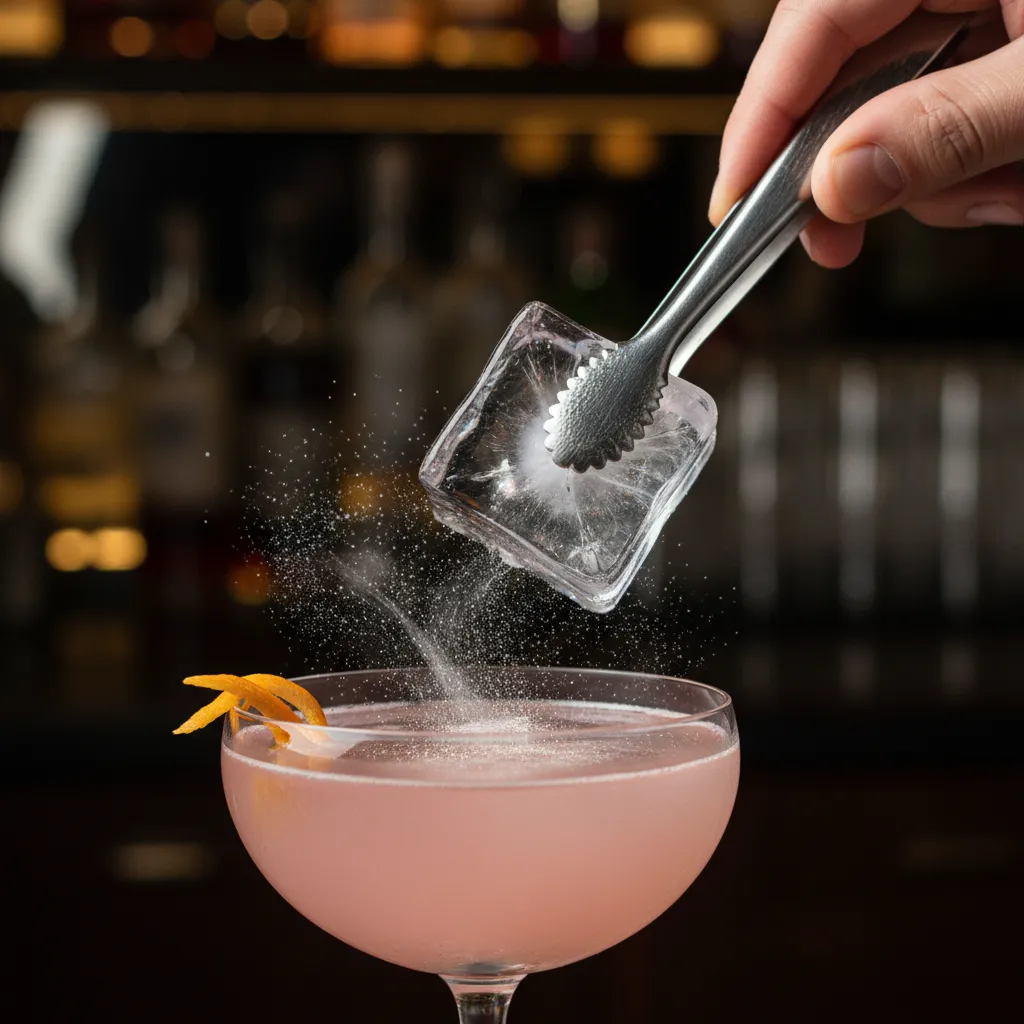 Bartender placing a clear ice cube into a pink cosmopolitan mocktail