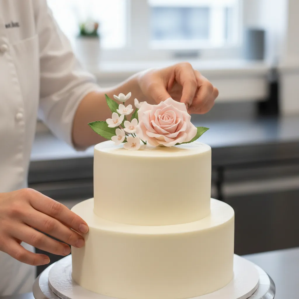 Baker placing a delicate sugar rose on a small wedding cake