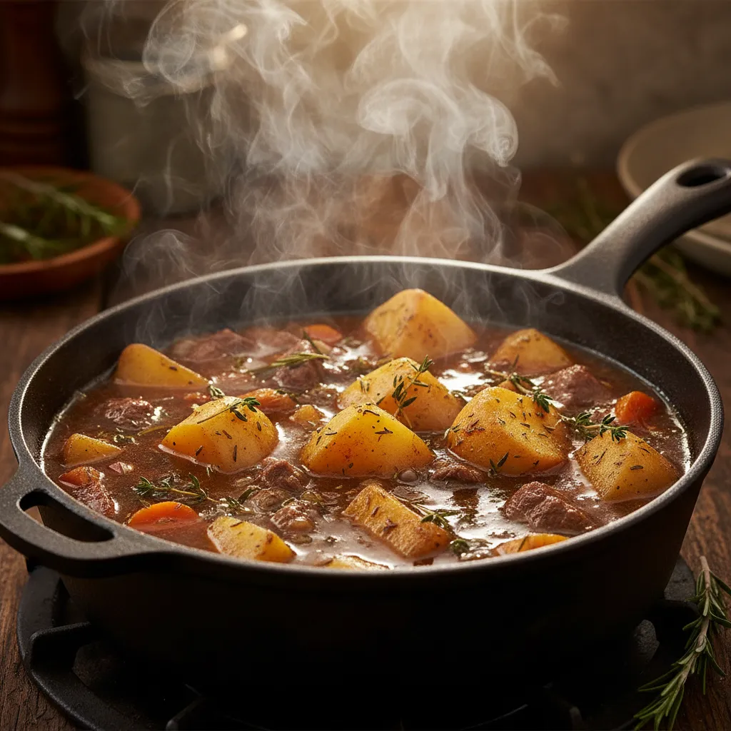 Large chunks of raw potatoes simmering in a hearty stew to absorb excess salt