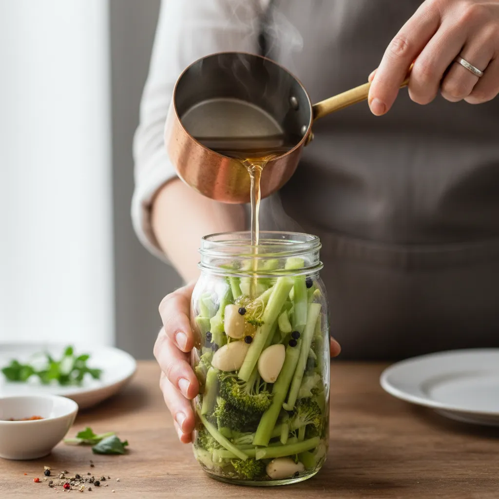 Pouring hot pickling brine over fresh broccoli stalks in a jar