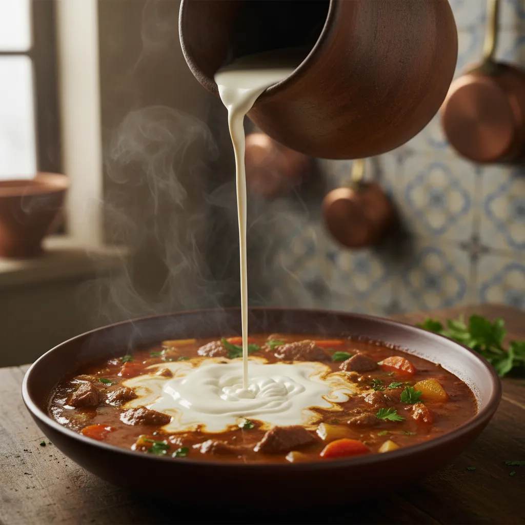 Heavy cream swirling into a hot bowl of savory soup to fix saltiness