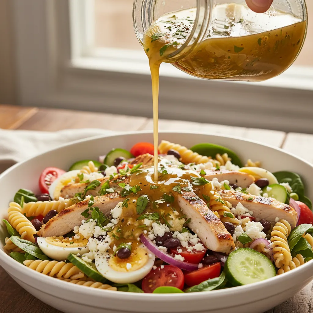Pouring homemade vinaigrette dressing over pasta salad