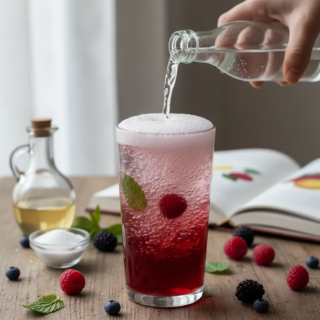 Sparkling water being poured into a red berry mocktail base