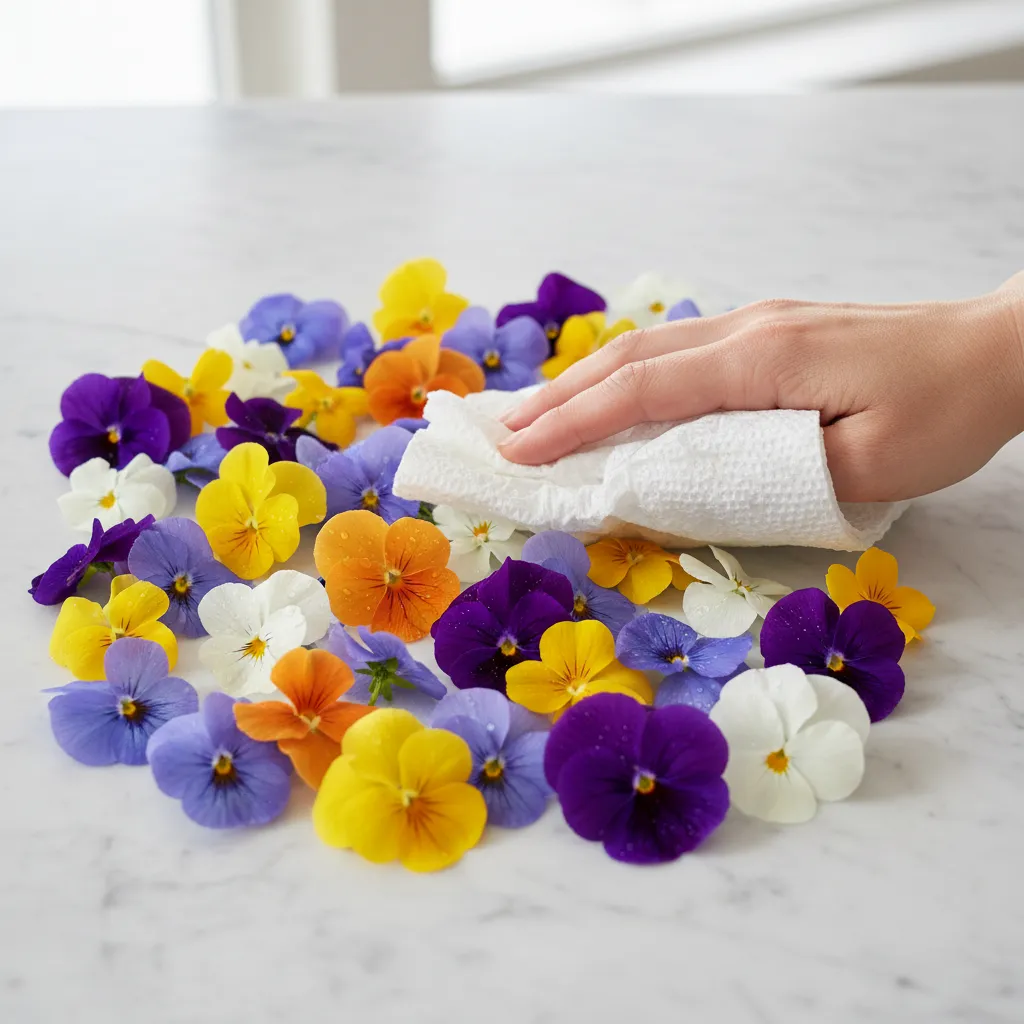Fresh edible pansies drying on paper towel before cake application