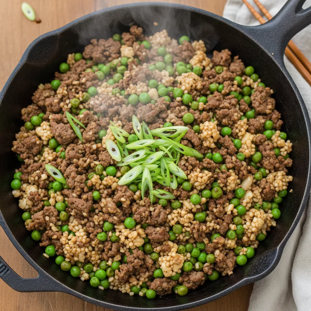 15-minute high protein ground beef and cauliflower rice stir-fry with green onions