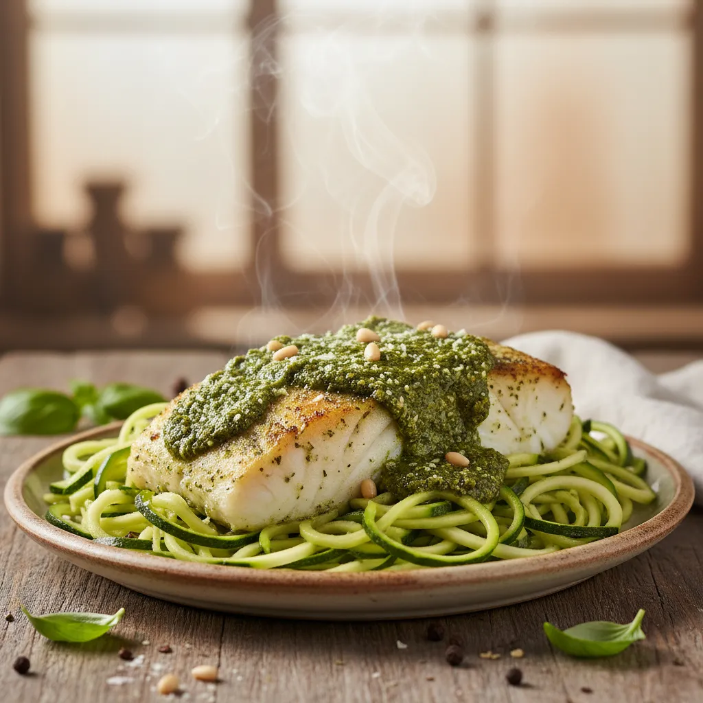 Baked cod with vibrant green pesto served over a bed of fresh zucchini noodles