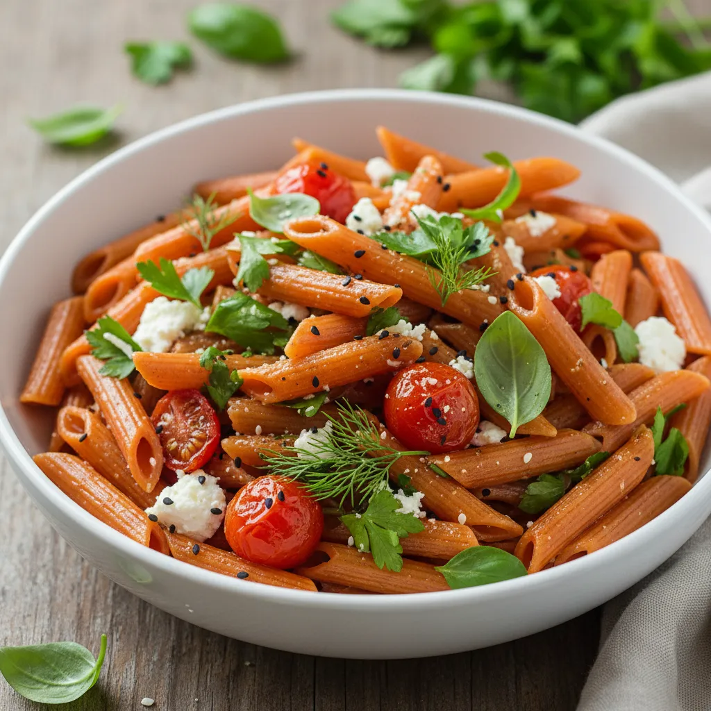 Red lentil penne pasta with green herbs