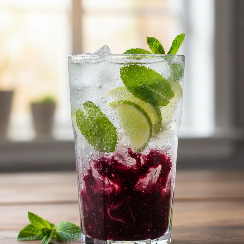 A vibrant non alcoholic jam mojito with mint and lime