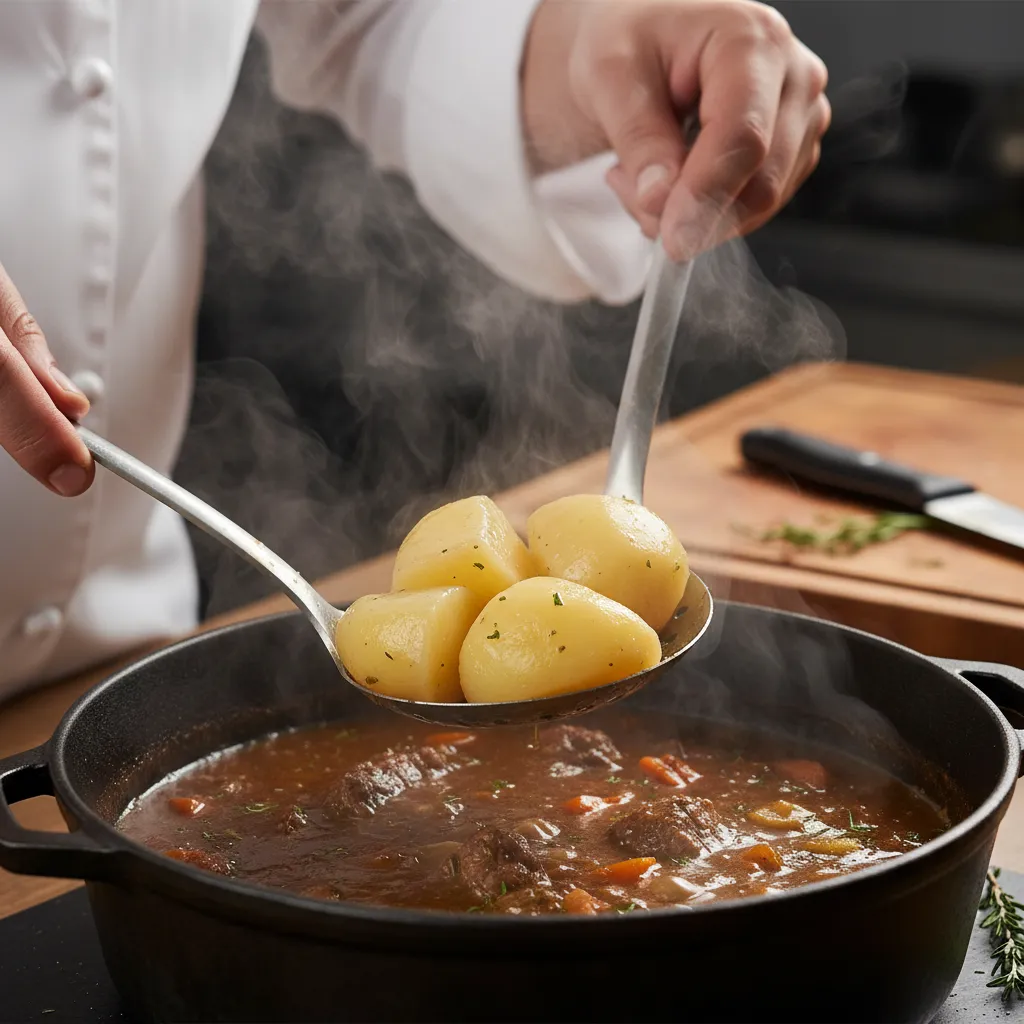 Using a slotted spoon to take out potato chunks after they absorbed salt