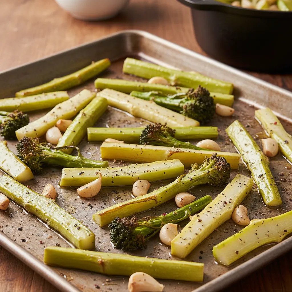 Chopped broccoli stems roasting on a baking pan with garlic and oil