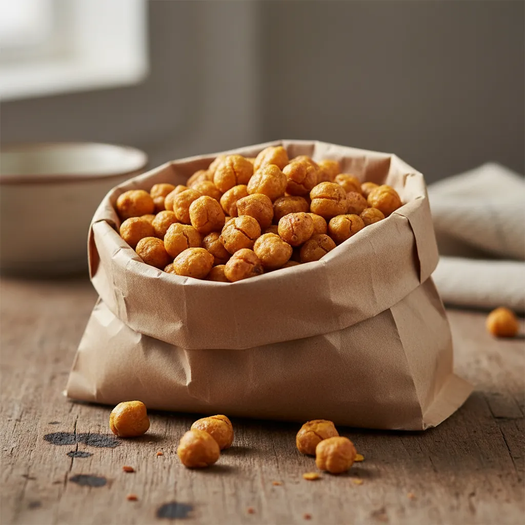 Golden roasted chickpeas stored in a breathable brown paper bag