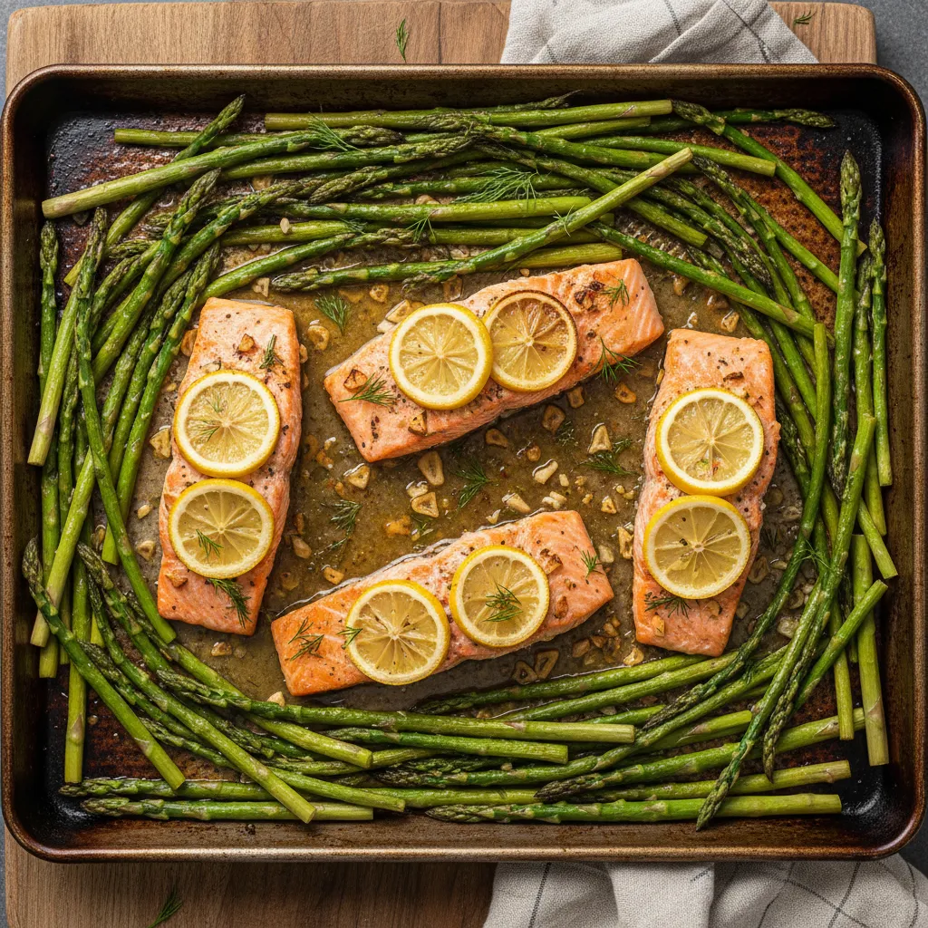 Healthy sheet pan salmon with asparagus and lemon slices