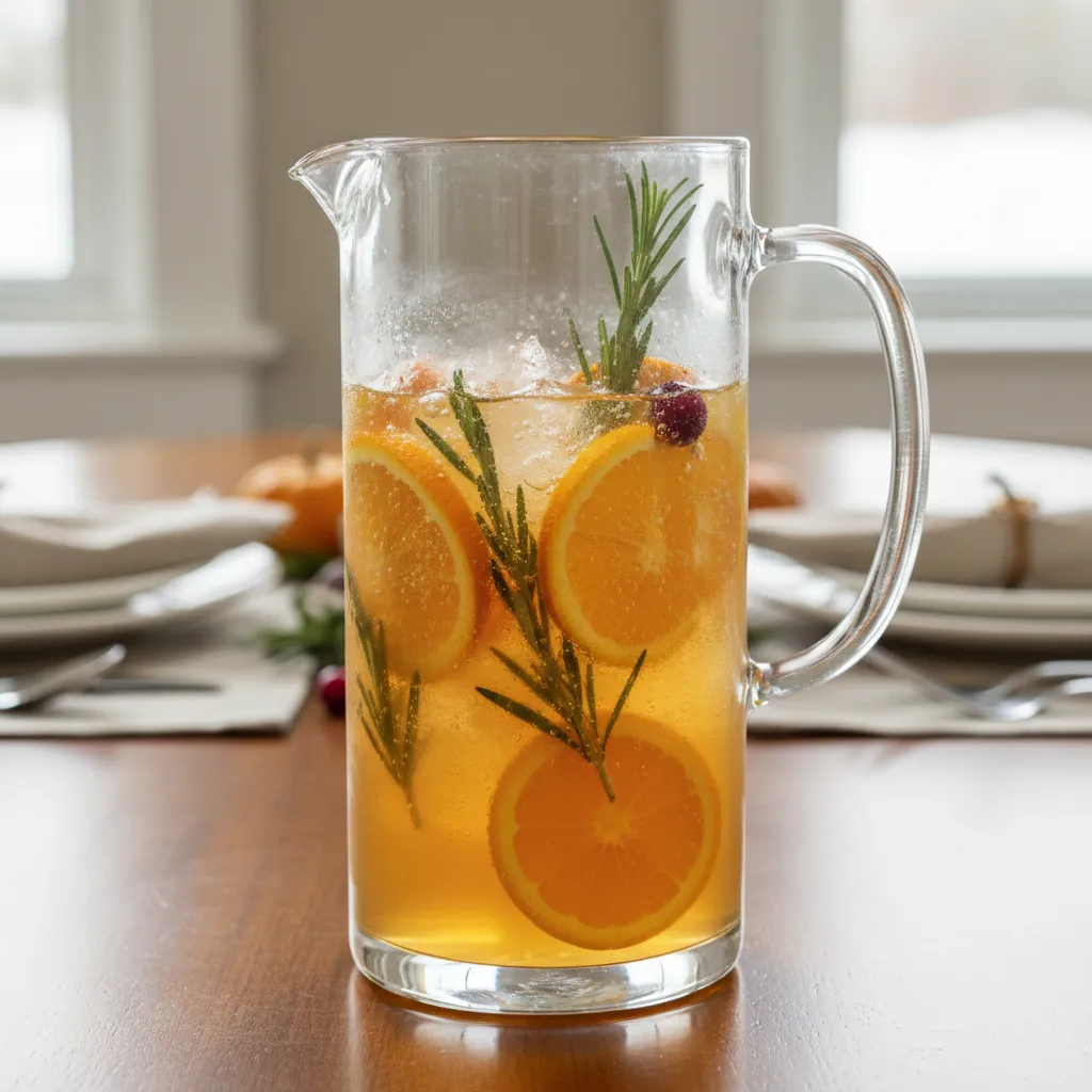 A beautiful pitcher of rosemary and orange non-alcoholic sparkling punch for Thanksgiving.