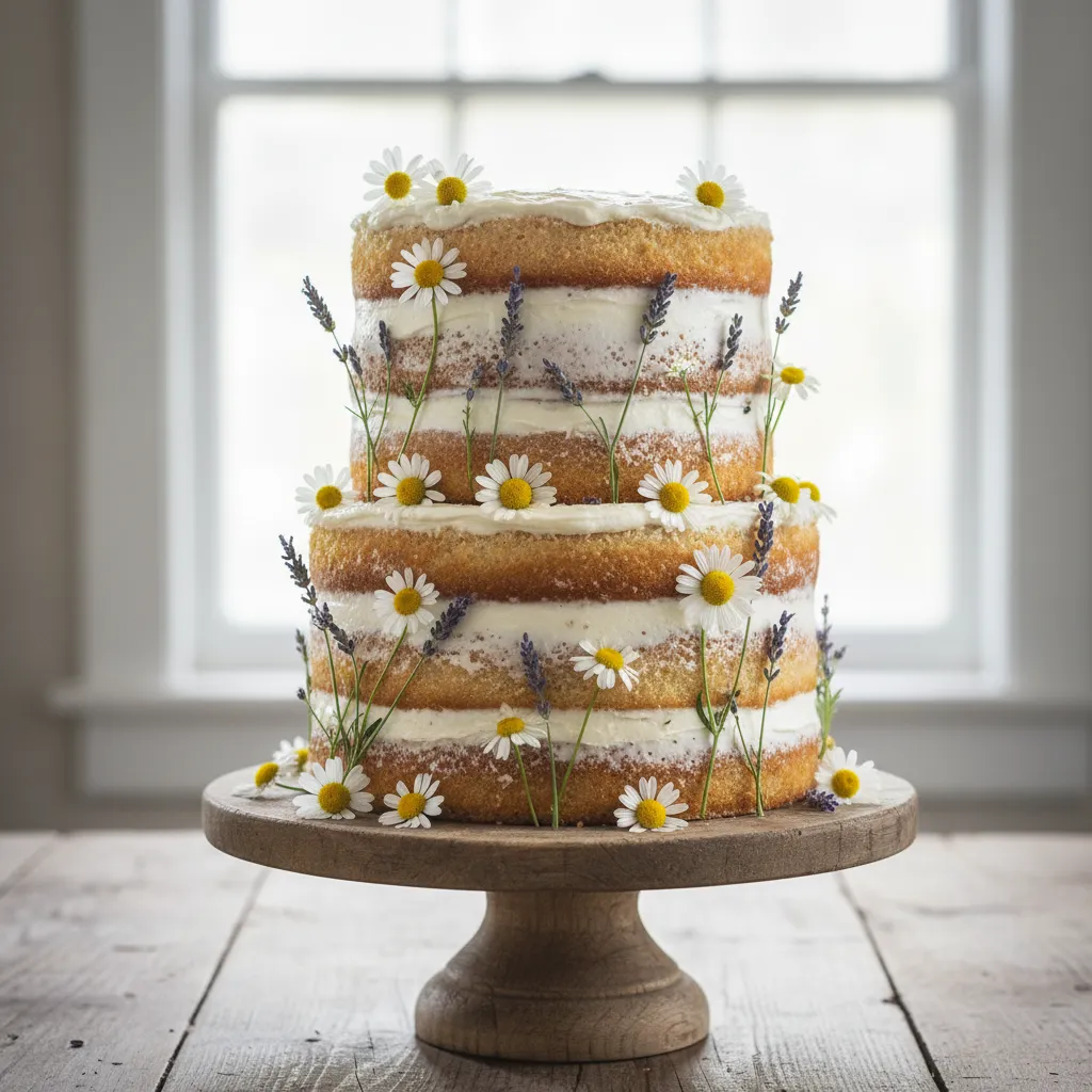 Naked cake decorated with fresh chamomile and lavender stems on a wooden stand