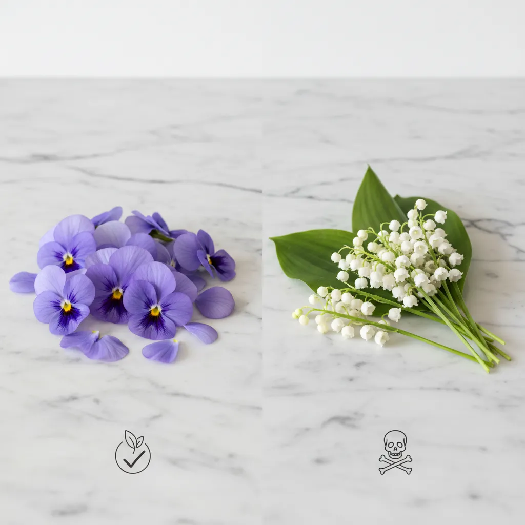 Comparison of safe pansies versus toxic lily of the valley flowers on a table