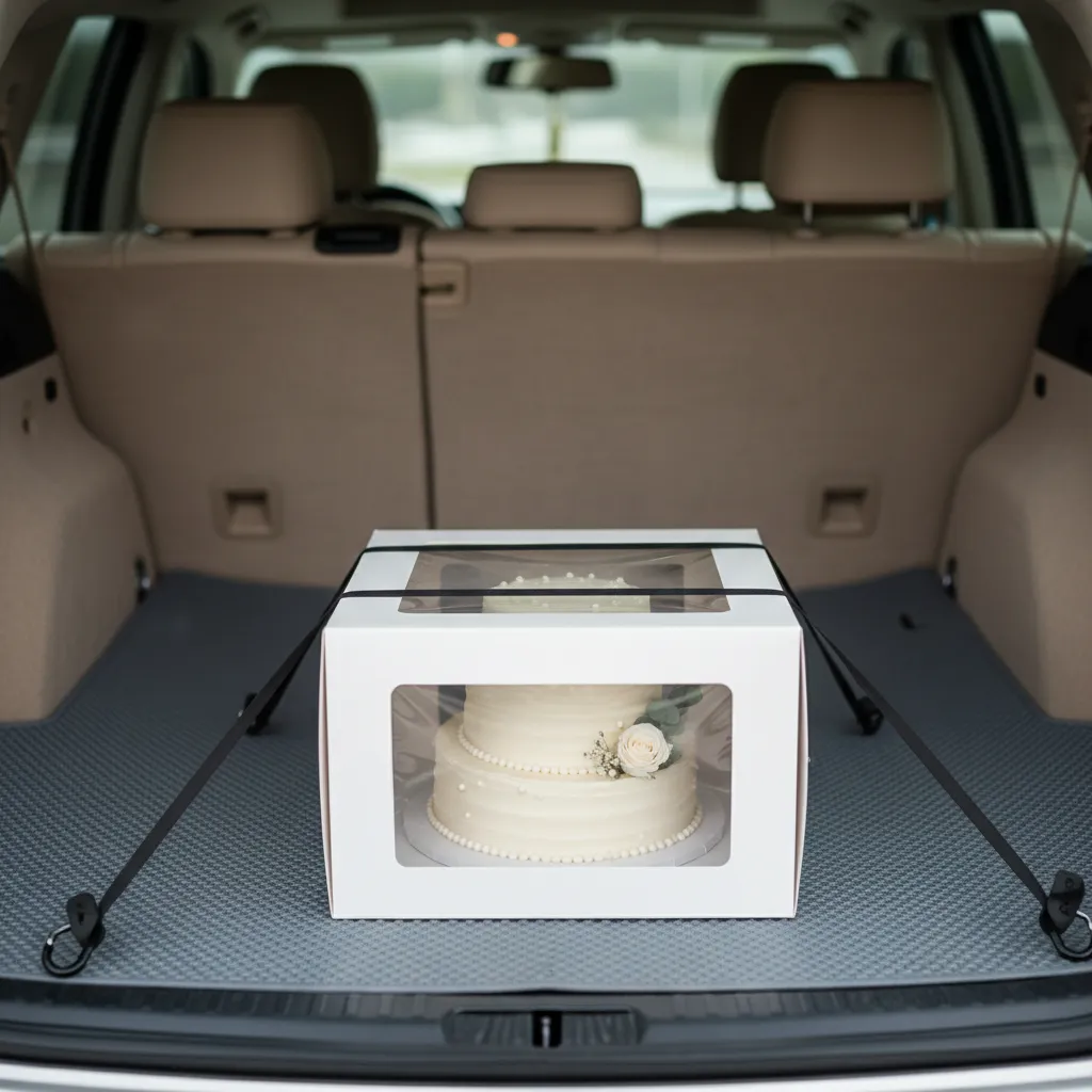 Securely boxed small wedding cake prepared for safe car transport