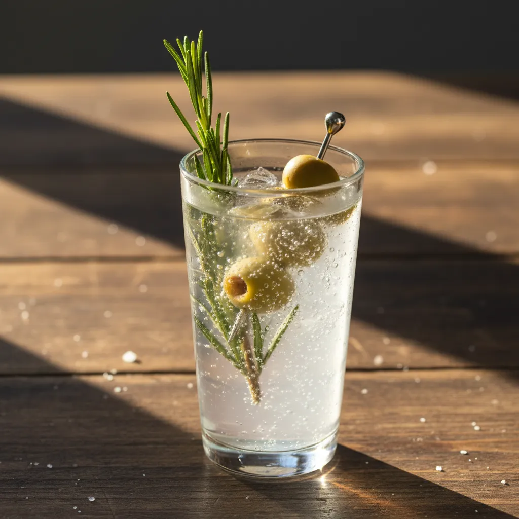 Savory non-alcoholic spritz with fresh rosemary and green olive garnish