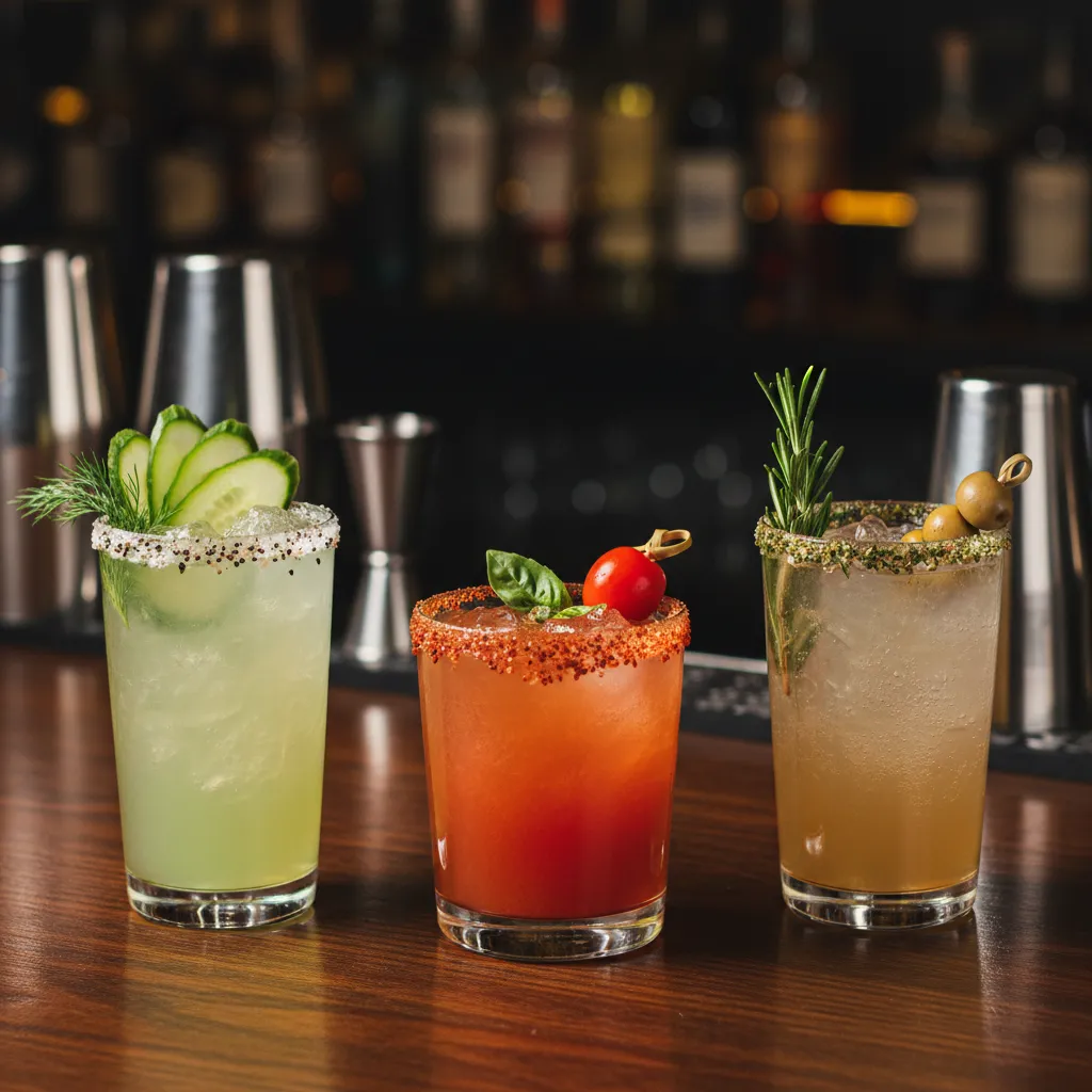 Three different savory non alcoholic drinks lined up on a bar