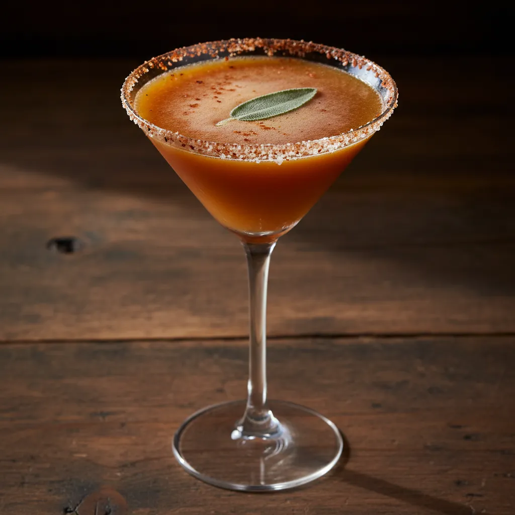 Close up of savory pumpkin sage mocktini with salted rim and sage garnish