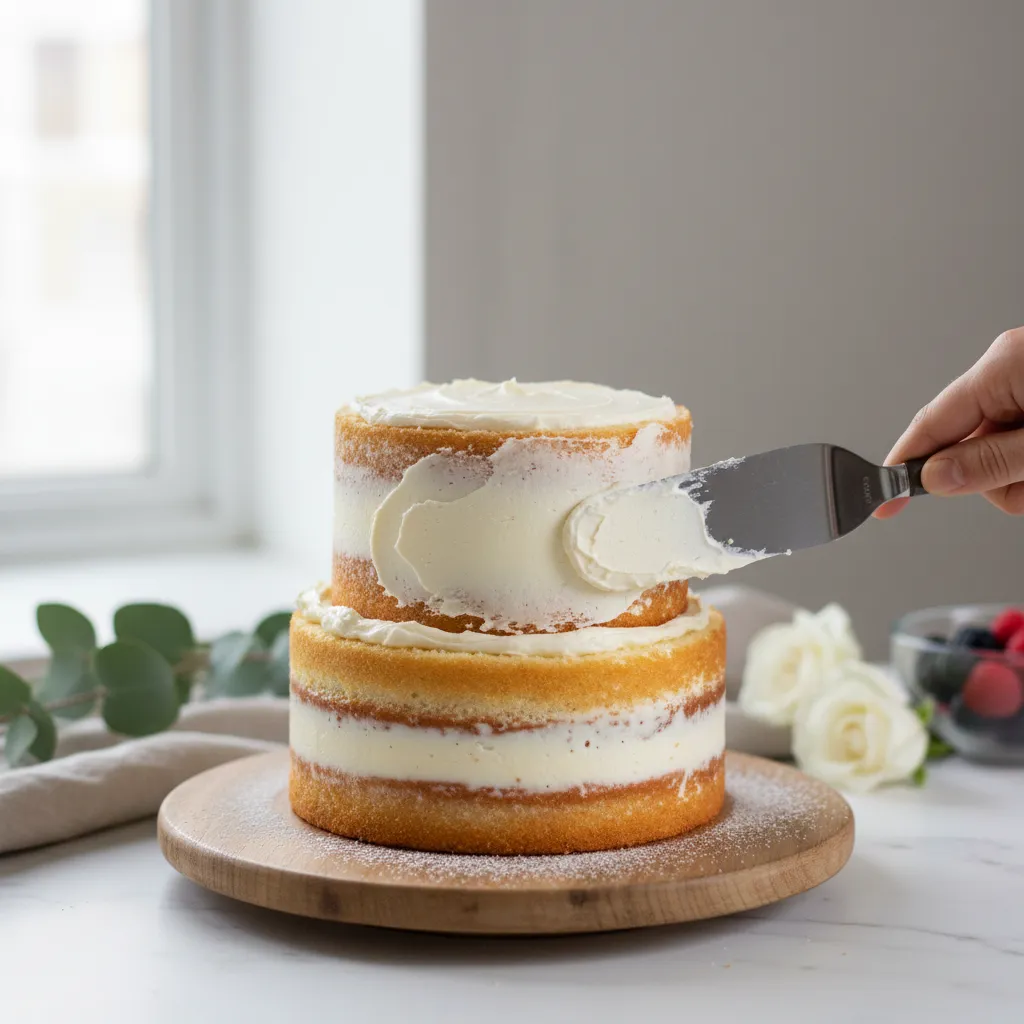 Applying a translucent scrape of buttercream to a small cake