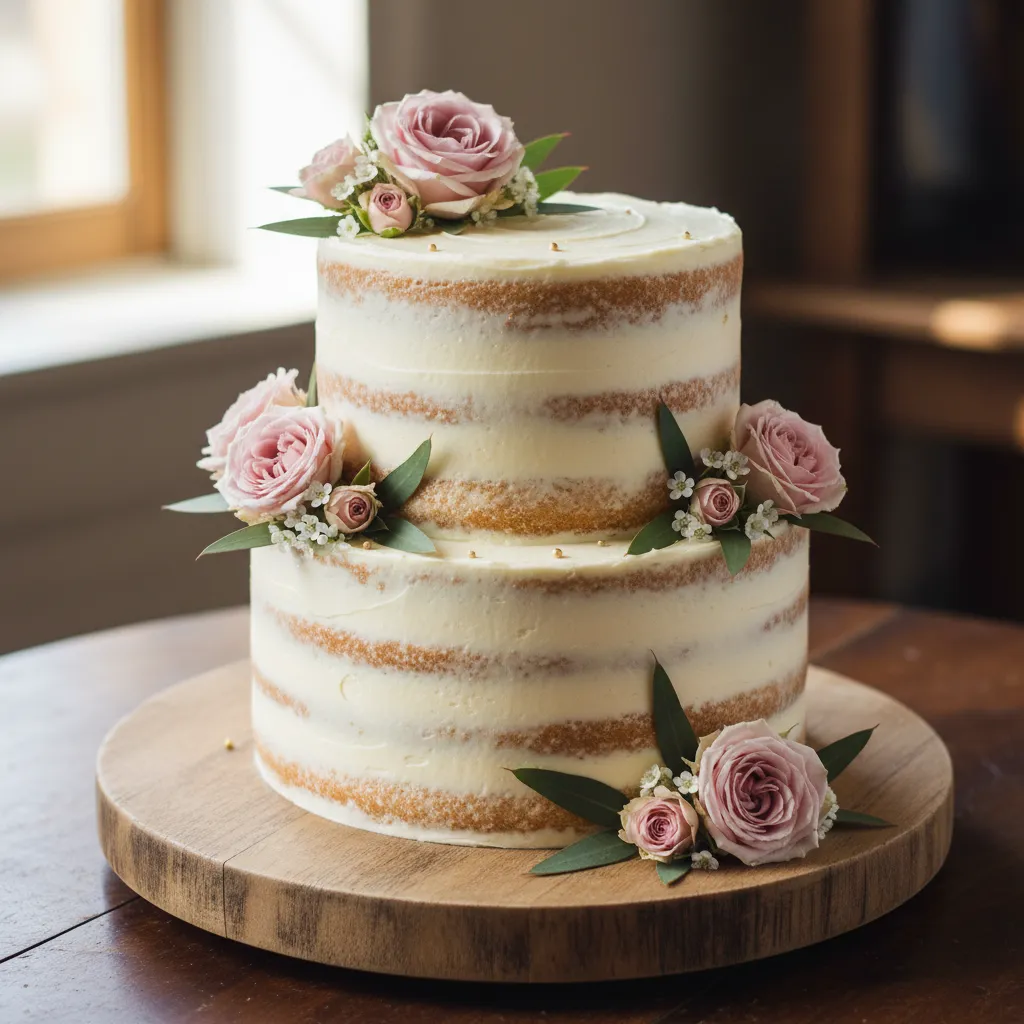 Elegant two-tier semi-naked wedding cake decorated with safe edible blooms