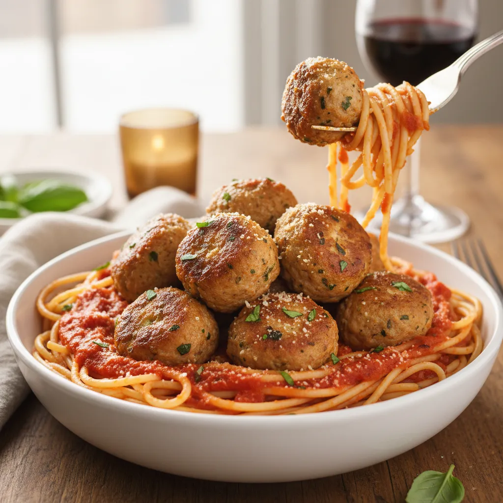Baked chicken meatballs on top of spaghetti with red sauce