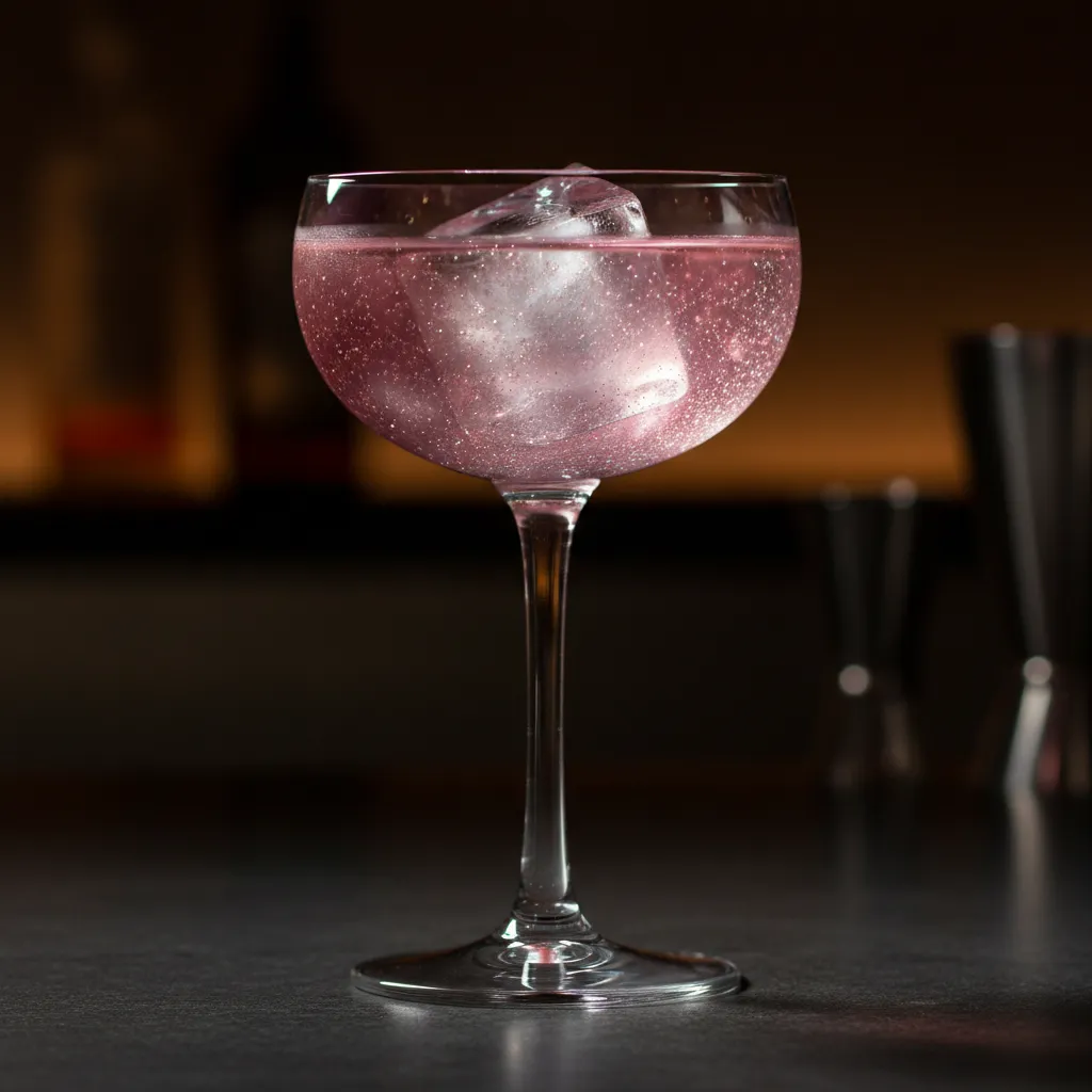 Pink non alcoholic cosmopolitan drink with edible silver glitter swirling in a coupe glass