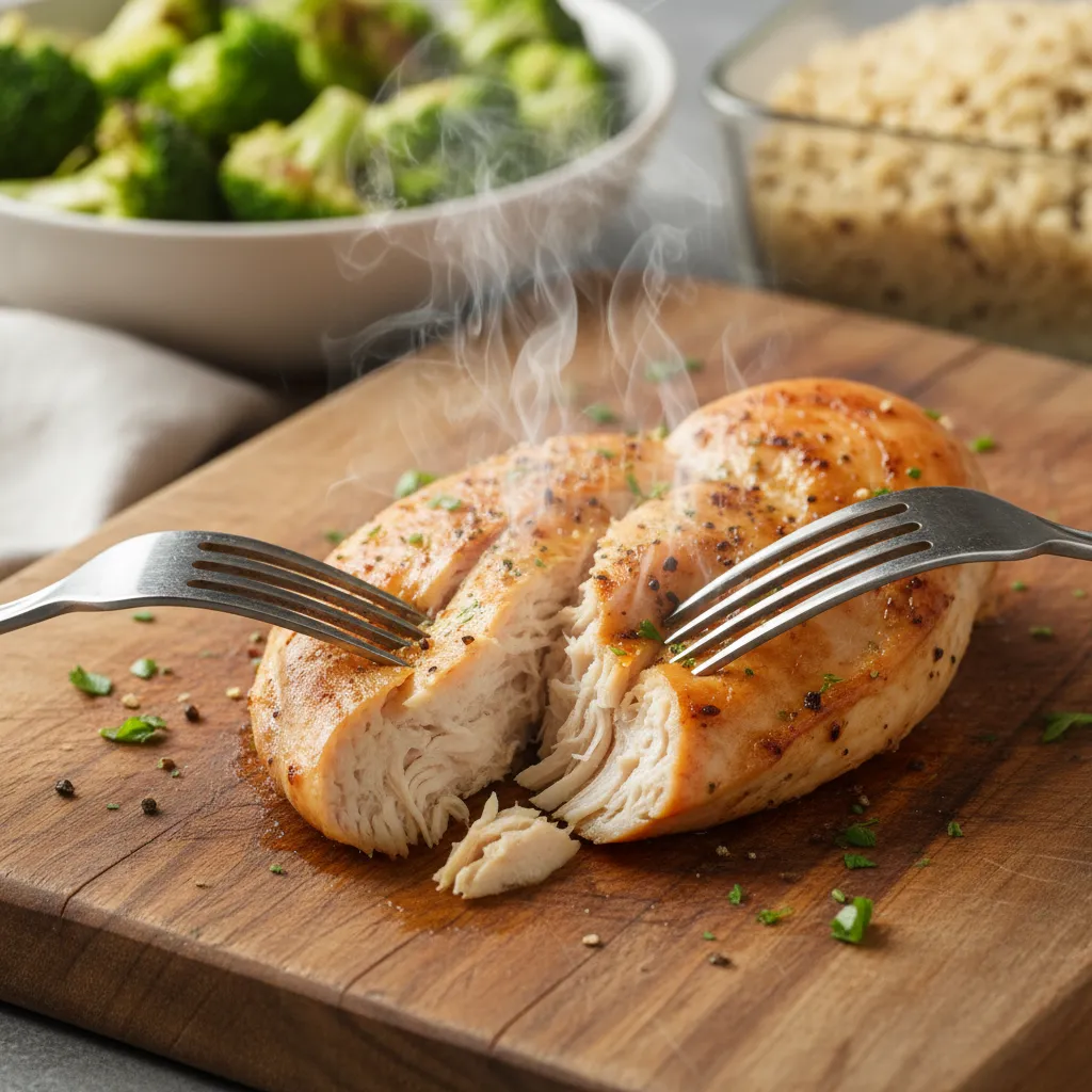 Two forks shredding freshly baked chicken breasts on a cutting board