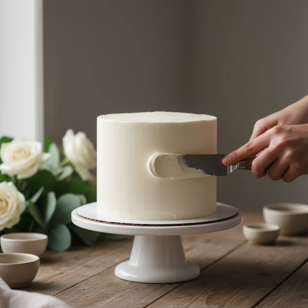 Spreading smooth Swiss meringue buttercream on a wedding cake