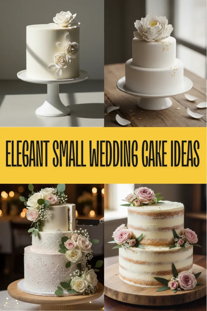 A single-tier smooth white buttercream wedding cake with fresh greenery, representing simple elegant small wedding cake ideas for intimate ceremonies.