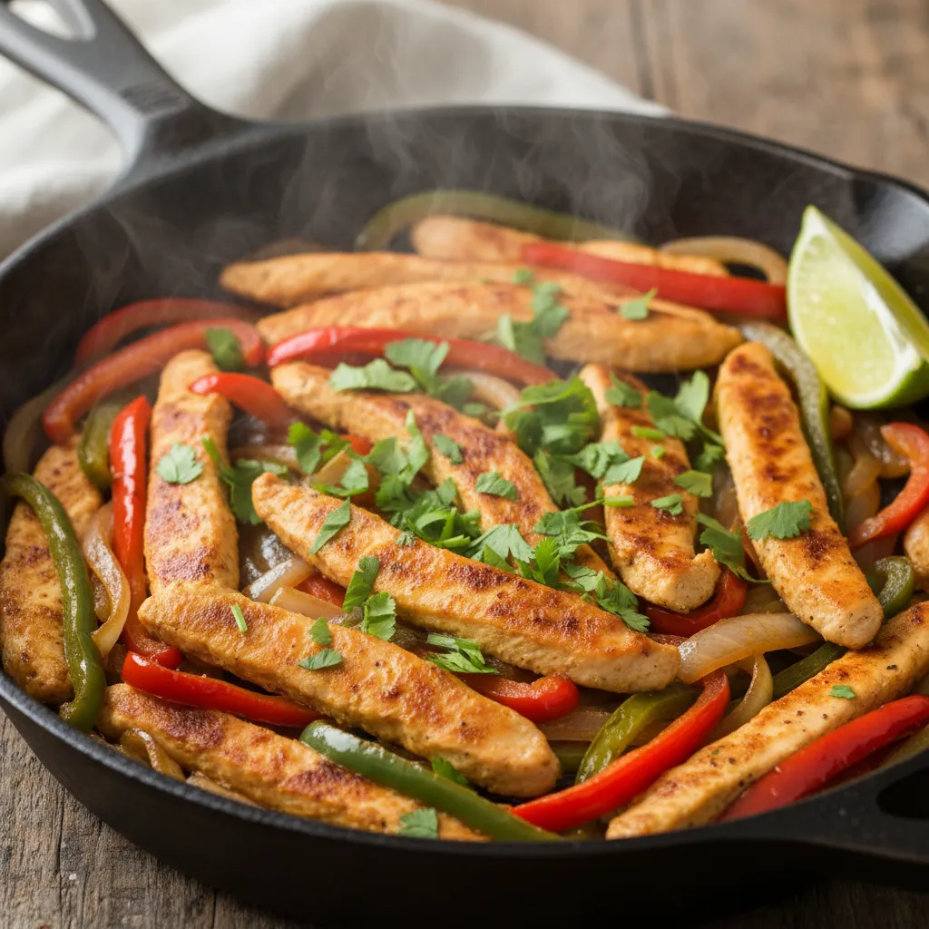 A cast iron skillet featuring keto friendly chicken fajitas with colorful bell peppers
