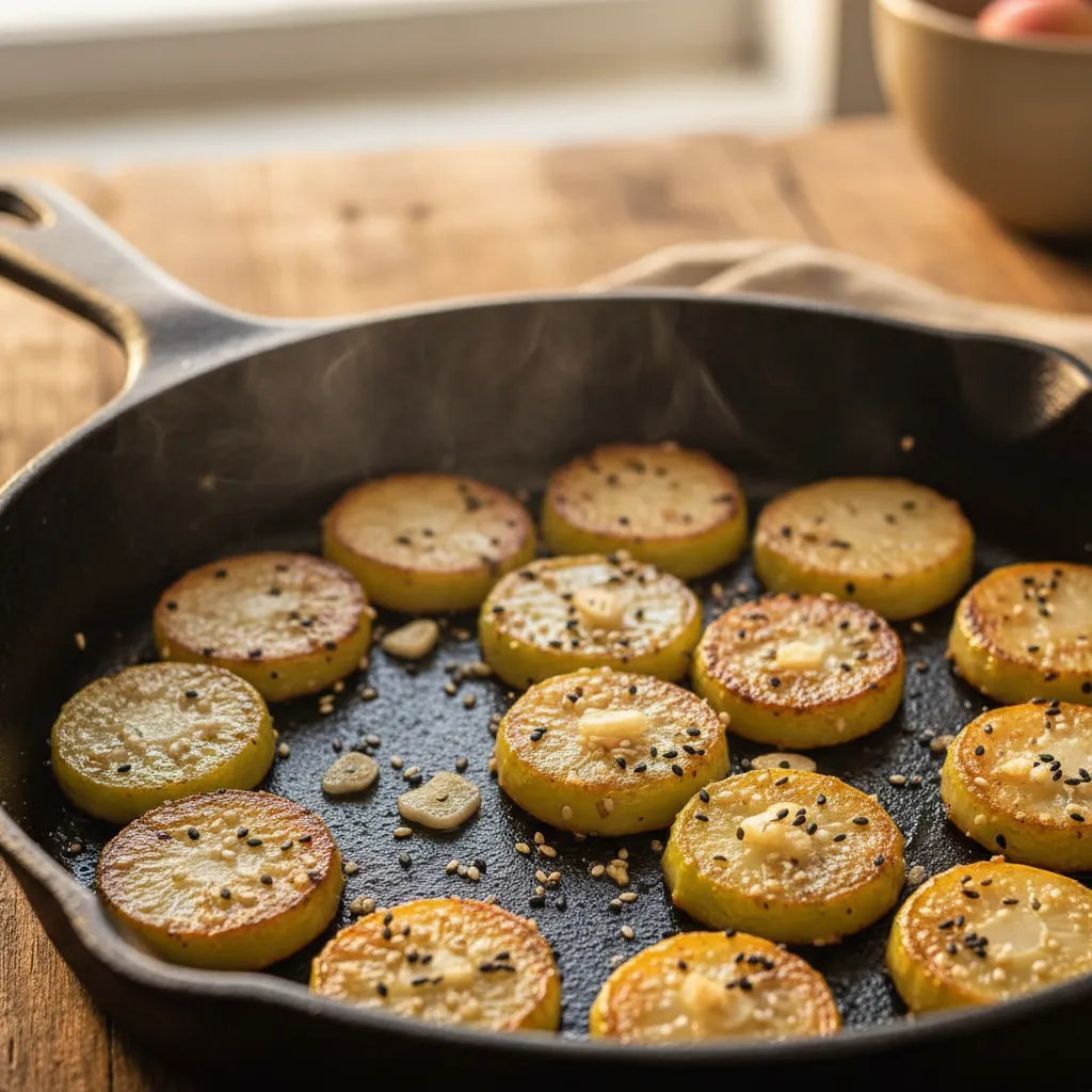 Golden-brown savory broccoli stem coins cooking in a hot skillet