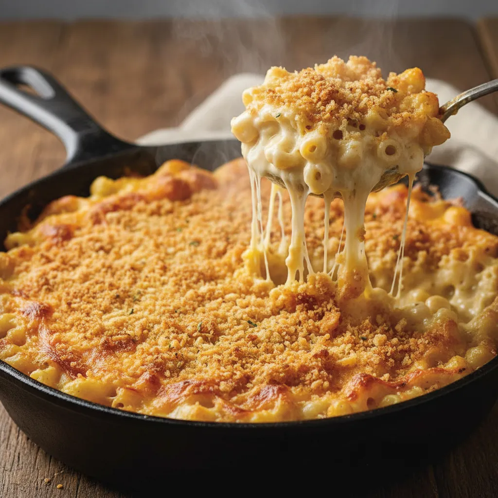 Golden brown macaroni and cheese in a cast iron skillet