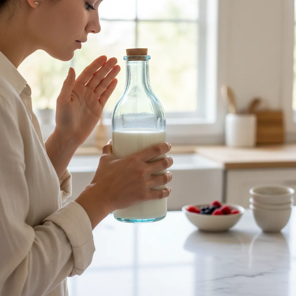 Person wafting scent from a glass bottle to check milk freshness