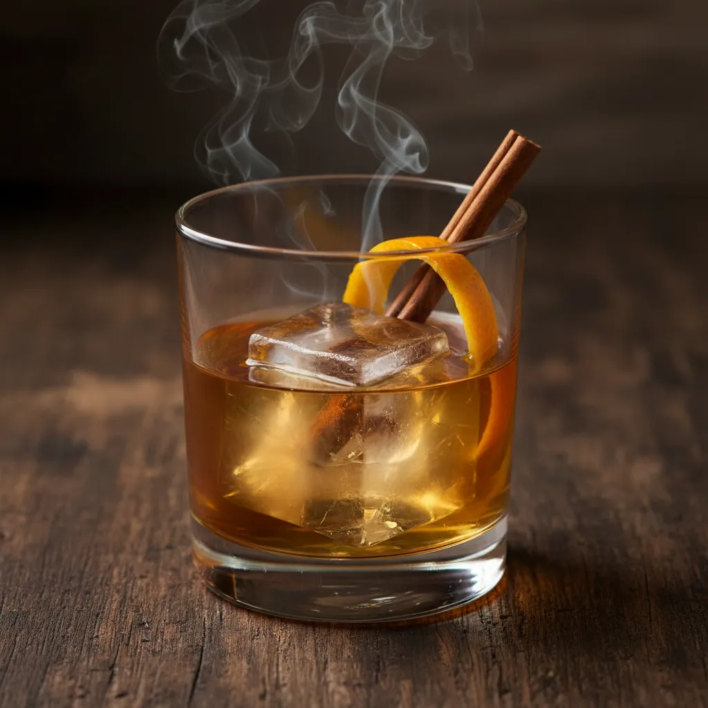 Smoked maple apple cider nonalcoholic old fashioned in a rocks glass with cinnamon stick garnish