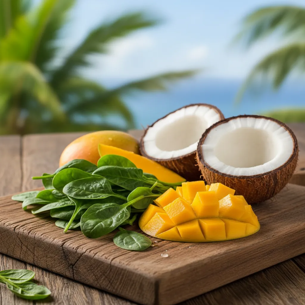 Spinach, mango, and coconut ingredients on a table