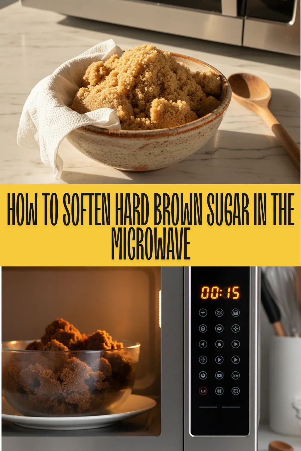 A bowl of soft brown sugar with a damp paper towel next to a microwave.