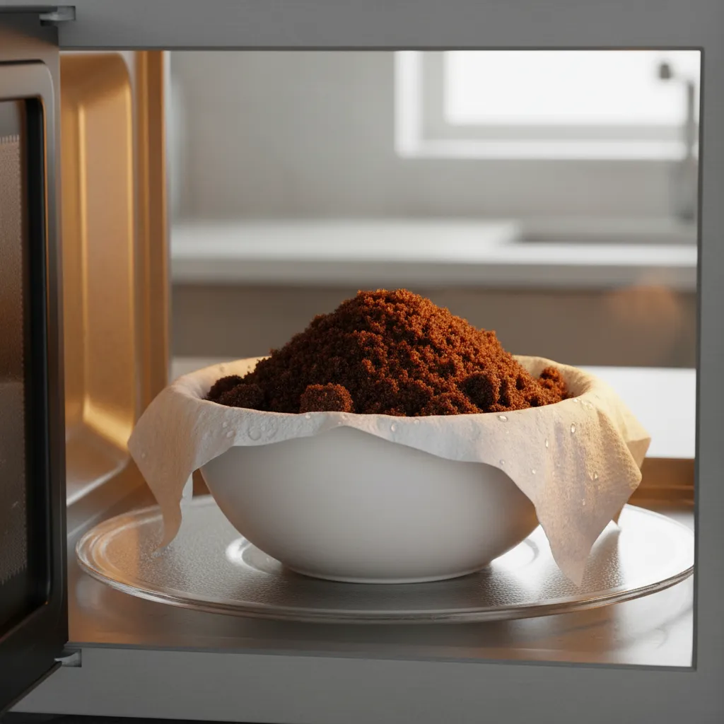 A microwave-safe bowl filled with hard brown sugar covered by a damp paper towel