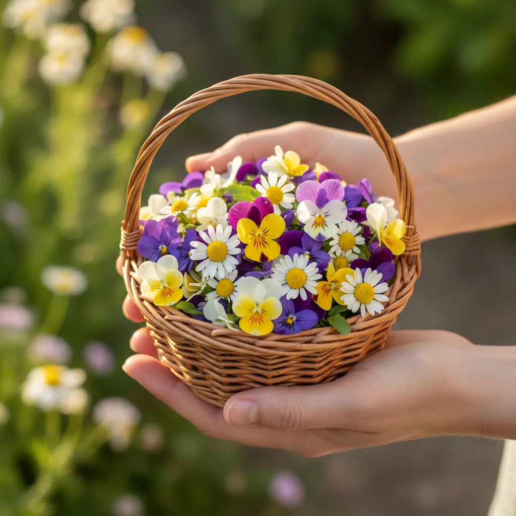 Hands holding a basket of fresh organic edible flowers safe for cake decorating