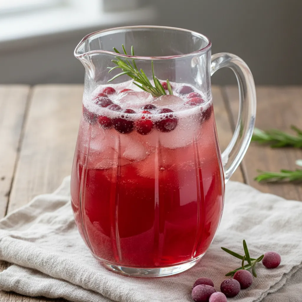 A sparkling non-alcoholic cranberry ginger punch in a crystal pitcher.