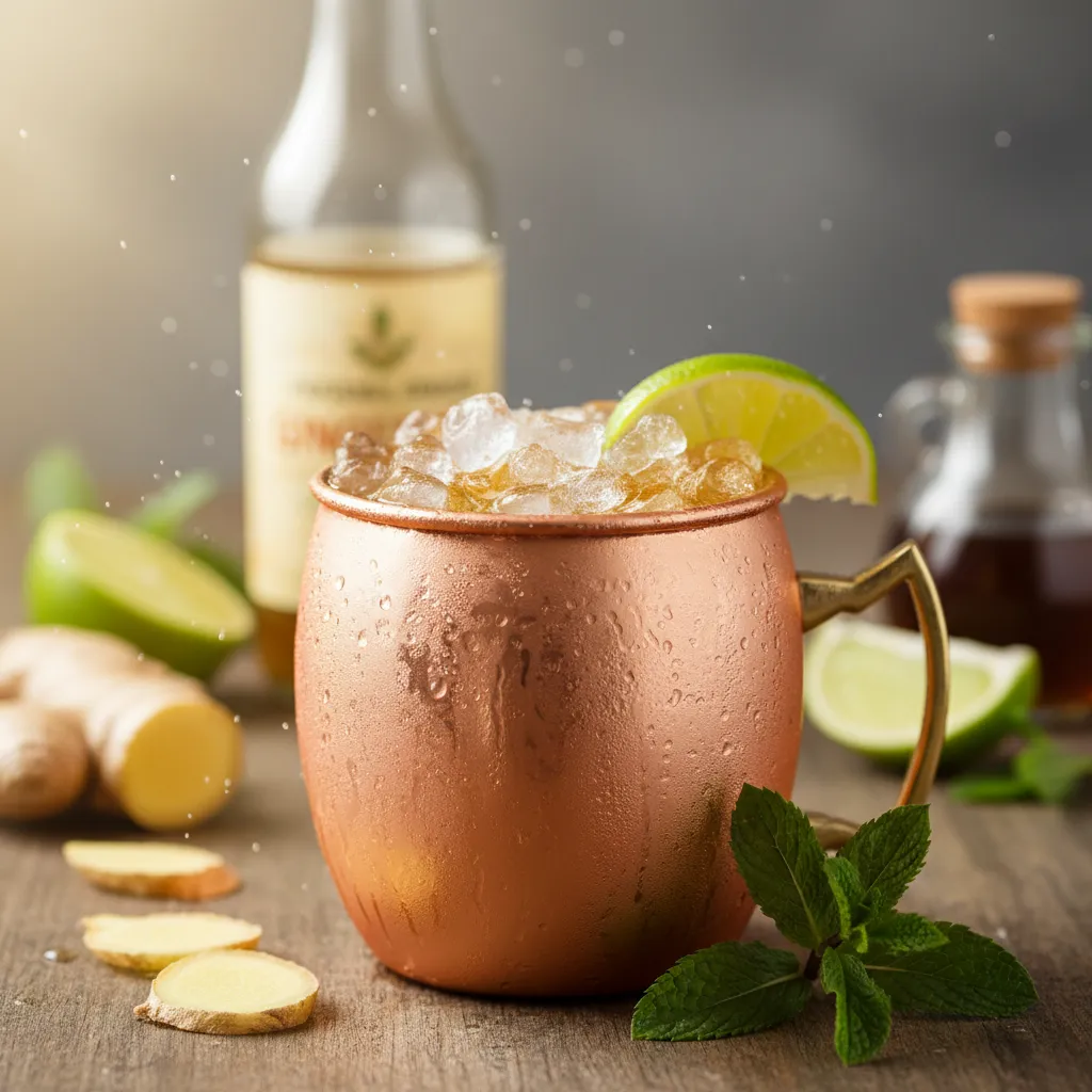 Refreshing non alcoholic maple and ginger citrus mule in a copper mug