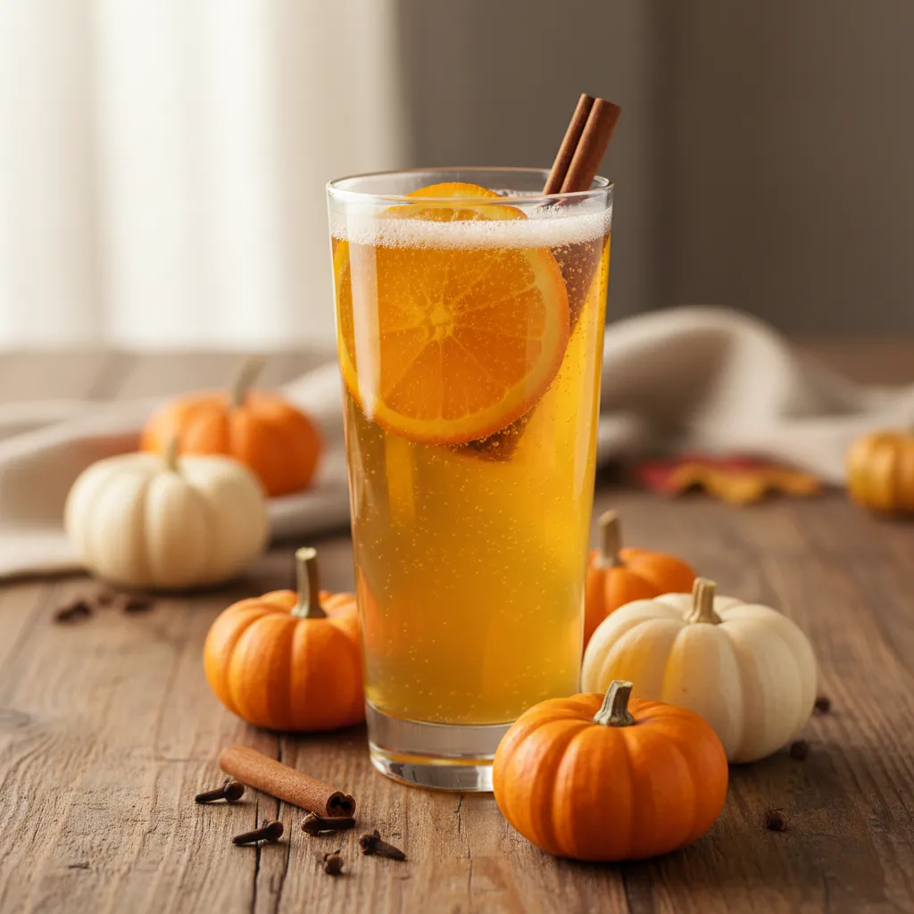 A glass of bubbling pumpkin spice mocktail garnished with cinnamon on a holiday table