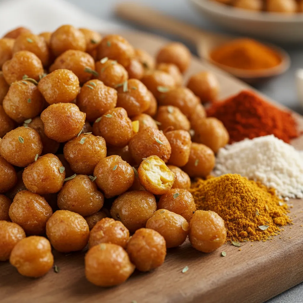 Vibrant ground spices next to golden roasted chickpeas