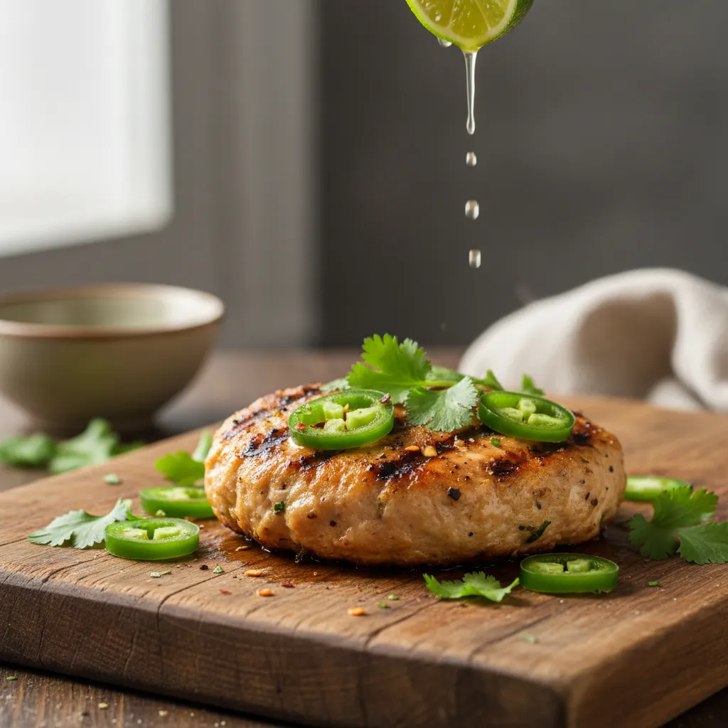 Grilled jalapeño lime ground chicken burger patty on a wooden board