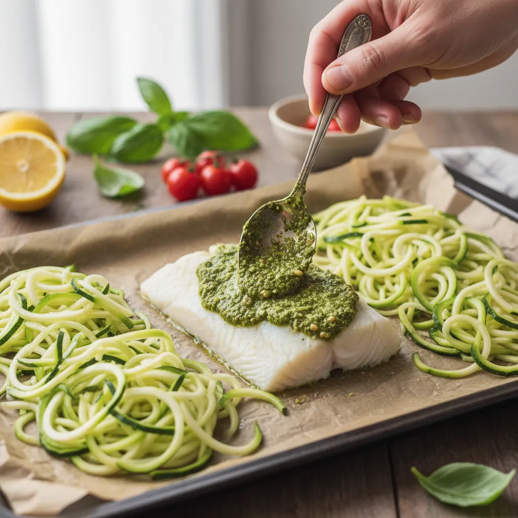 Close up of a hand spreading green pesto over a raw cod fillet using a silver spoon